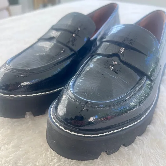 Franco Sarto Sz 8.5 Wide Black Patent Penny Loafer Chunky Lutz Sole Heels NWOT