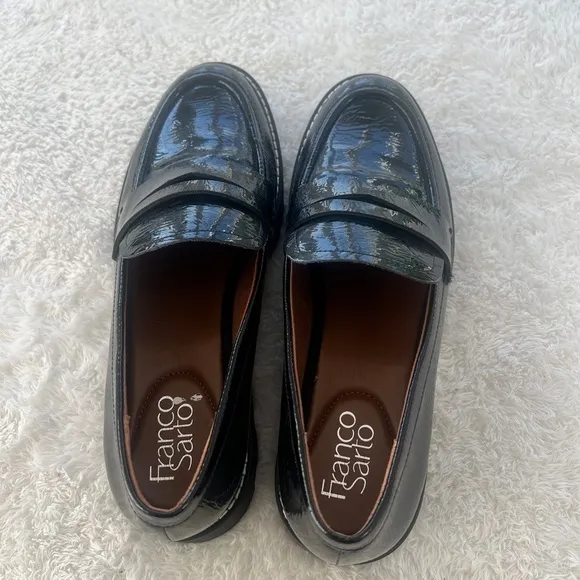 Franco Sarto Sz 8.5 Wide Black Patent Penny Loafer Chunky Lutz Sole Heels NWOT