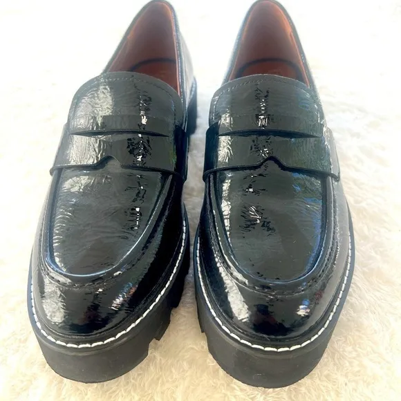 Franco Sarto Sz 8.5 Wide Black Patent Penny Loafer Chunky Lutz Sole Heels NWOT