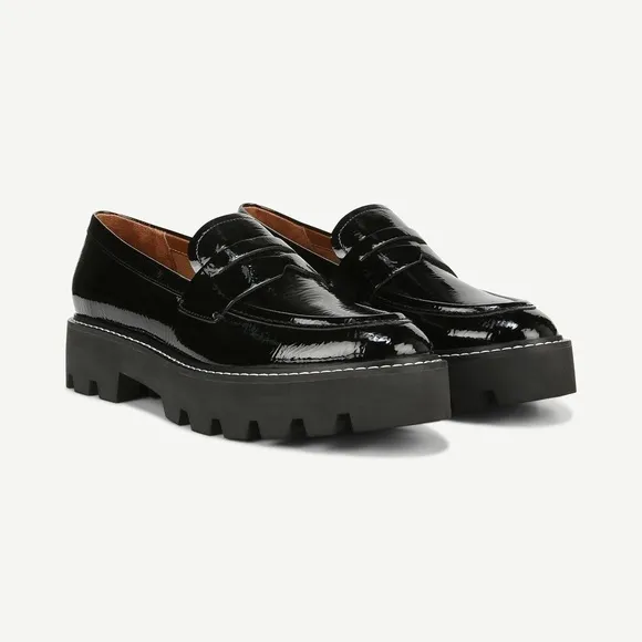 Franco Sarto Sz 8.5 Wide Black Patent Penny Loafer Chunky Lutz Sole Heels NWOT