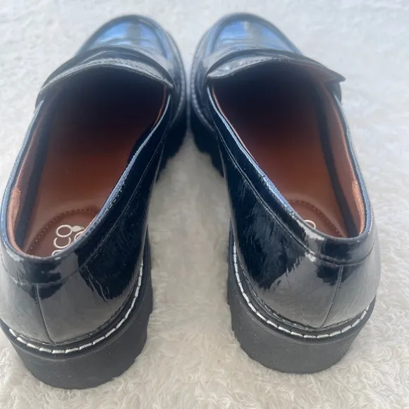 Franco Sarto Sz 8.5 Wide Black Patent Penny Loafer Chunky Lutz Sole Heels NWOT