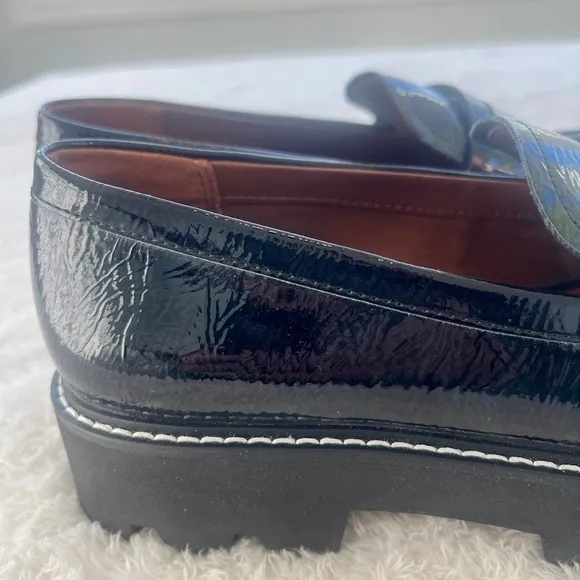 Franco Sarto Sz 8.5 Wide Black Patent Penny Loafer Chunky Lutz Sole Heels NWOT