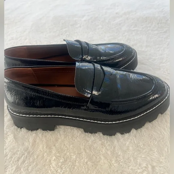 Franco Sarto Sz 8.5 Wide Black Patent Penny Loafer Chunky Lutz Sole Heels NWOT