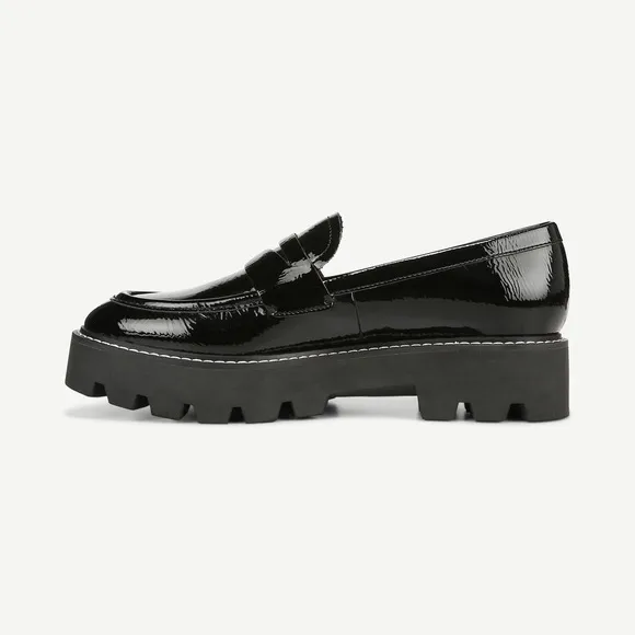 Franco Sarto Sz 8.5 Wide Black Patent Penny Loafer Chunky Lutz Sole Heels NWOT