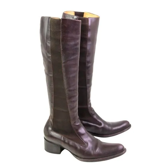 FREE LANCE BROWN GENUINE LEATHER MID HEEL ELASTIC SIDES PULL ON TALL BOOTS Sz 36