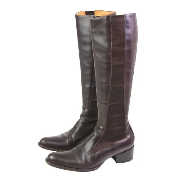 FREE LANCE BROWN GENUINE LEATHER MID HEEL ELASTIC SIDES PULL ON TALL BOOTS Sz 36