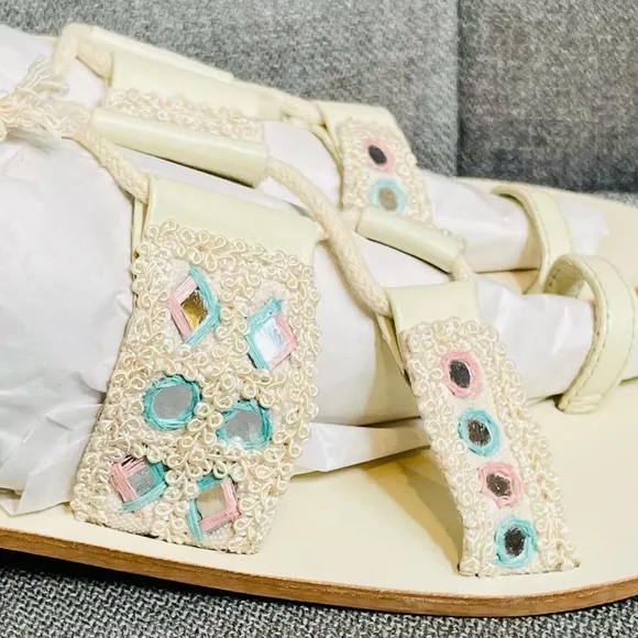 Free People Ankle-Wrapped Mirrored Accent Crocheted Leather Mantra Sandals