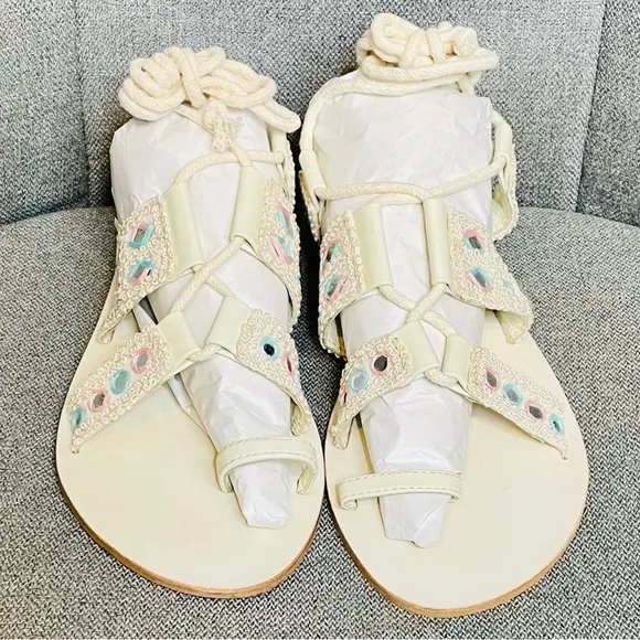 Free People Ankle-Wrapped Mirrored Accent Crocheted Leather Mantra Sandals