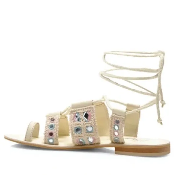 Free People Ankle-Wrapped Mirrored Accent Crocheted Leather Mantra Sandals