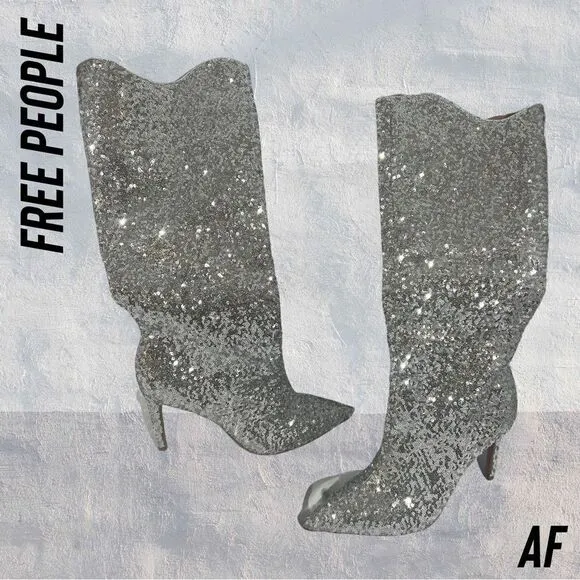 FREE PEOPLE BY VINCENZA AFTER MIDNIGHT SEQUINED BOOTS IN SILVER