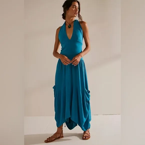 Free People Hinata Convertible MIDI Dress, Turquoise, Size Large