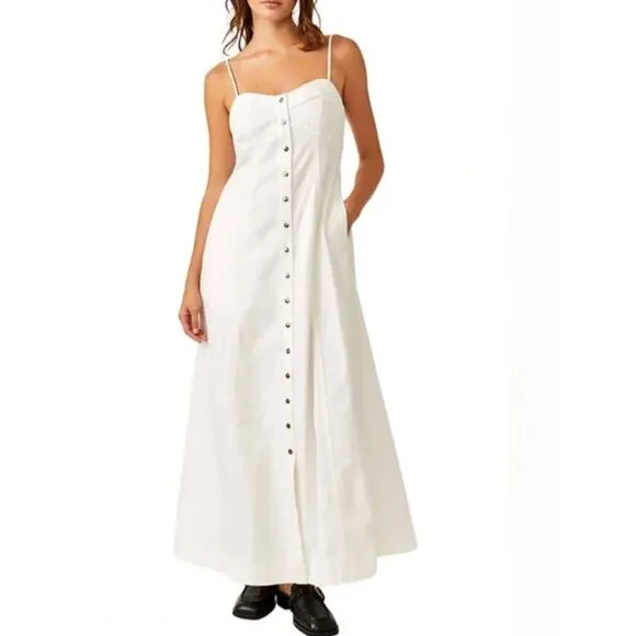 Free People Just Jill White Button Front Maxi Dress Cottage Style Size Small