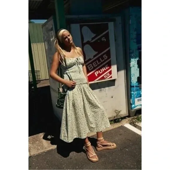 Free People Lavender Daze Dress in Green Combo S  Floral Dainty Picnic NEW