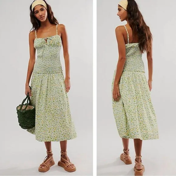 Free People Lavender Daze Dress in Green Combo S  Floral Dainty Picnic NEW