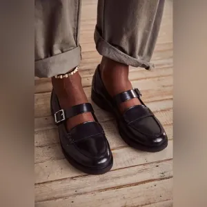 Free People MJ Mary Jane Loafers Black Leather w/Buckle 37 / 7 NEW