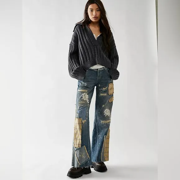 Free People We The Free Gemini Patched Pull-On Jeans NWT Size 31