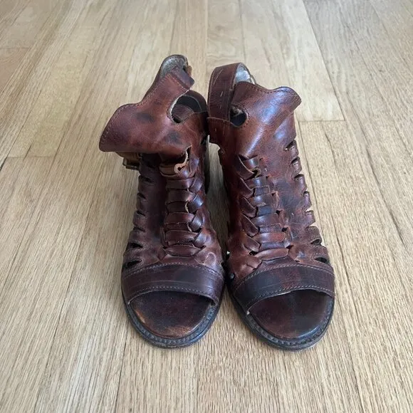Freebird by Steven Bongo Brown Distressed Leather Heeled Sandals Women's Size 7