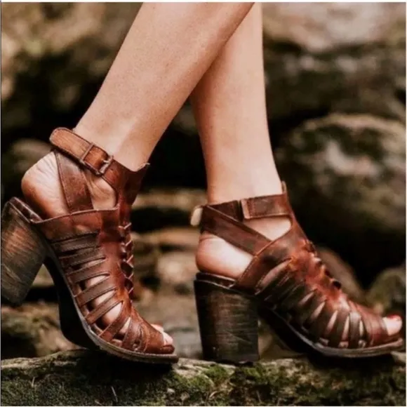 Freebird by Steven Bongo Brown Distressed Leather Heeled Sandals Women's Size 7