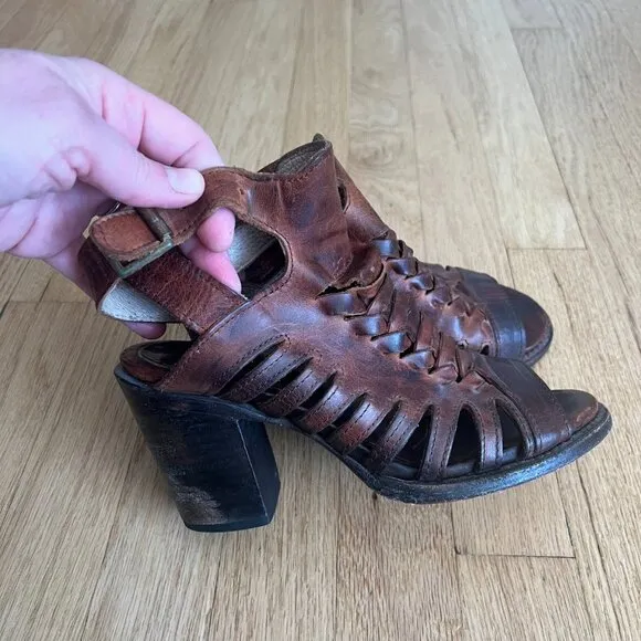 Freebird by Steven Bongo Brown Distressed Leather Heeled Sandals Women's Size 7