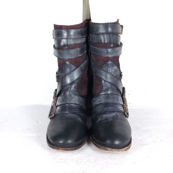 Freebird By Steven Women’s Colt US9 Black Leather Distressd Strappy Biker Boots