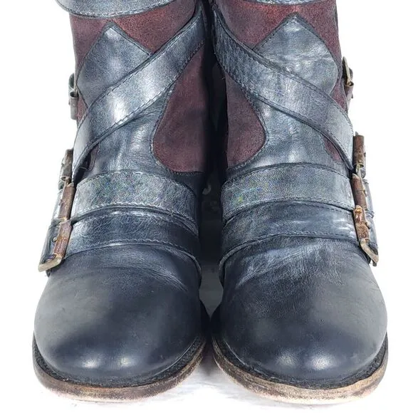 Freebird By Steven Women’s Colt US9 Black Leather Distressd Strappy Biker Boots