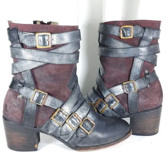 Freebird By Steven Women’s Colt US9 Black Leather Distressd Strappy Biker Boots