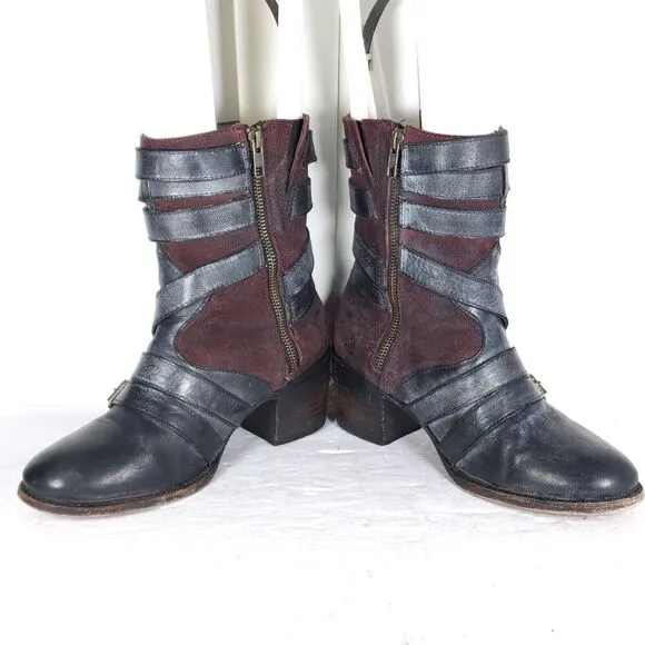 Freebird By Steven Women’s Colt US9 Black Leather Distressd Strappy Biker Boots