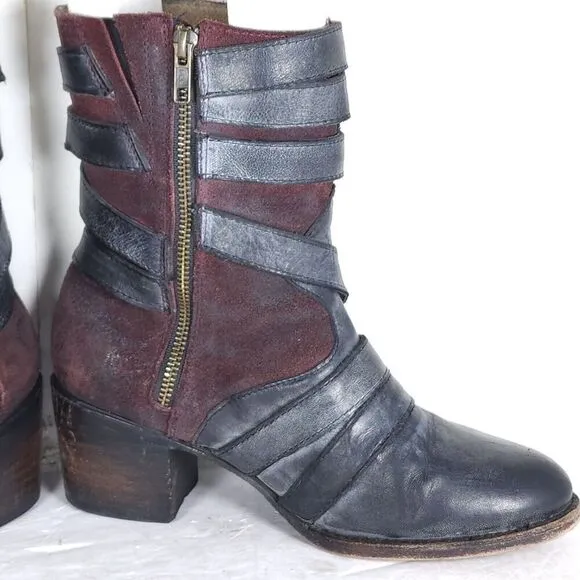 Freebird By Steven Women’s Colt US9 Black Leather Distressd Strappy Biker Boots