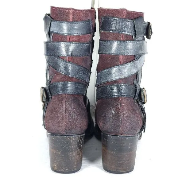 Freebird By Steven Women’s Colt US9 Black Leather Distressd Strappy Biker Boots