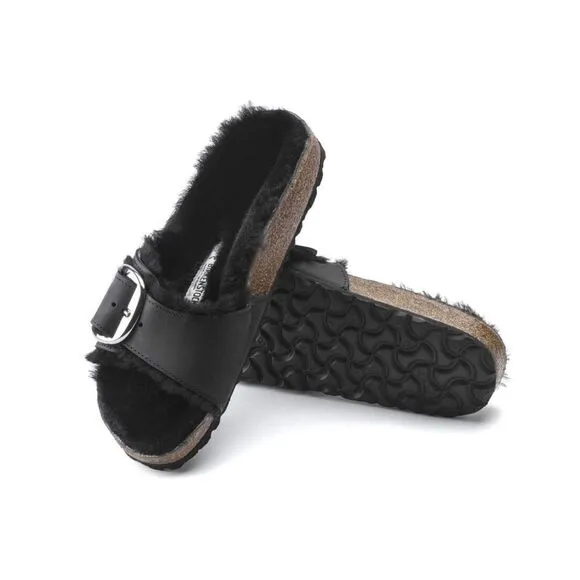 Free People x Birkenstock Madrid Big Buckle Shearling Oiled Leather Sandals $180