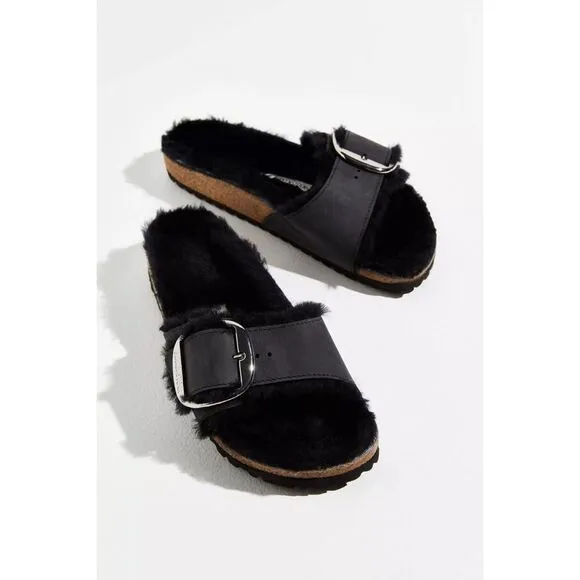 Free People x Birkenstock Madrid Big Buckle Shearling Oiled Leather Sandals $180