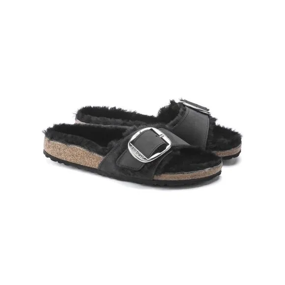 Free People x Birkenstock Madrid Big Buckle Shearling Oiled Leather Sandals $180