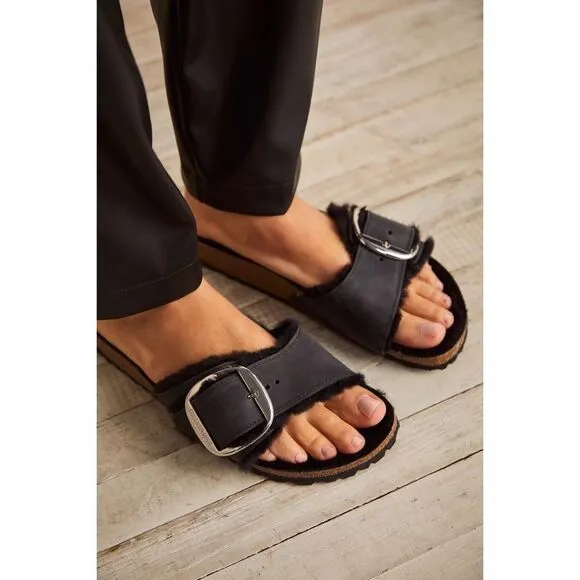 Free People x Birkenstock Madrid Big Buckle Shearling Oiled Leather Sandals $180