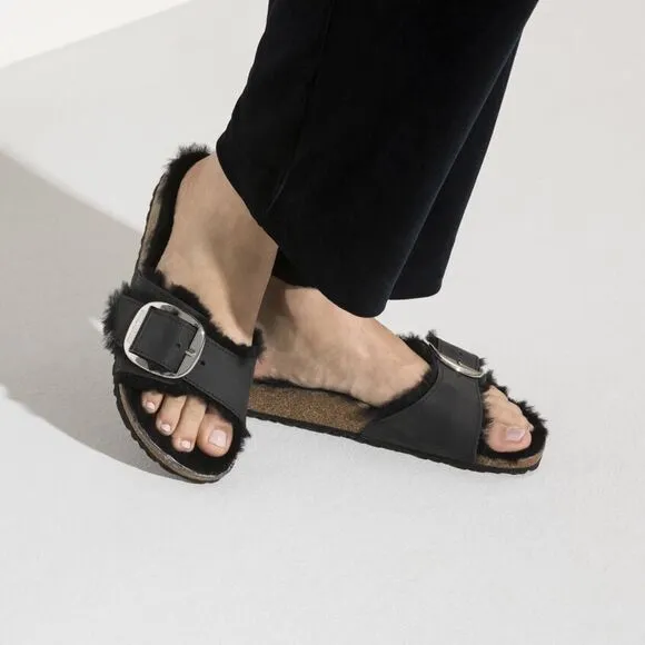 Free People x Birkenstock Madrid Big Buckle Shearling Oiled Leather Sandals $180