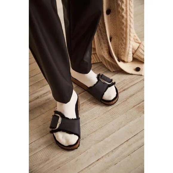 Free People x Birkenstock Madrid Big Buckle Shearling Oiled Leather Sandals $180