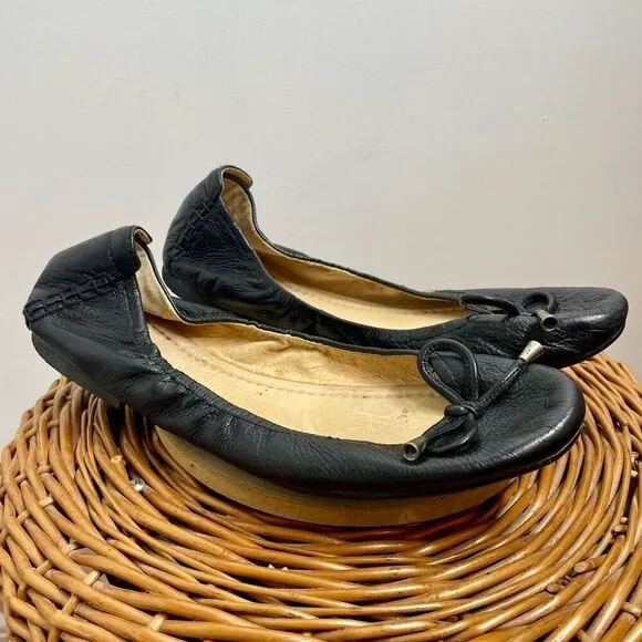 FRYE Ballet Flats Women’s Black CARSON Collapsible Bow Slip On Leather Size 10