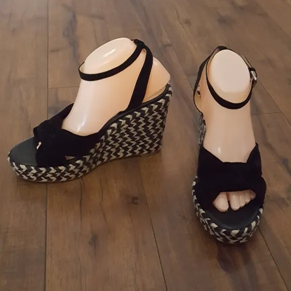 Frye Black Charlotte Twist Ankle Strap Wedge Sandals