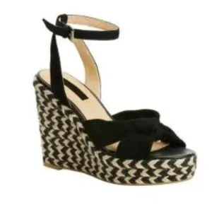 Frye Black Charlotte Twist Ankle Strap Wedge Sandals