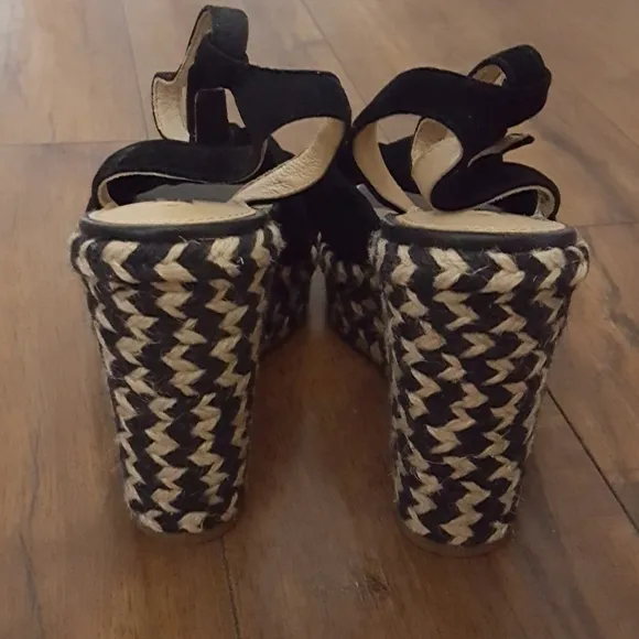 Frye Black Charlotte Twist Ankle Strap Wedge Sandals