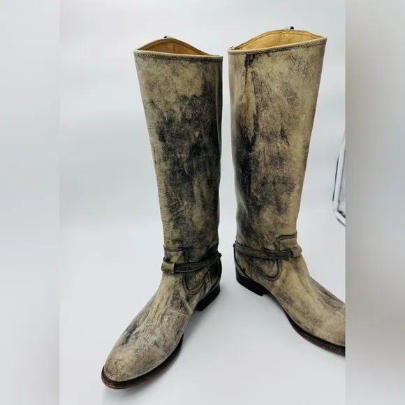 Frye Boots Lindsay Plate Knee High Tall Pull-On Gray Women's Size 8.5 Distressed