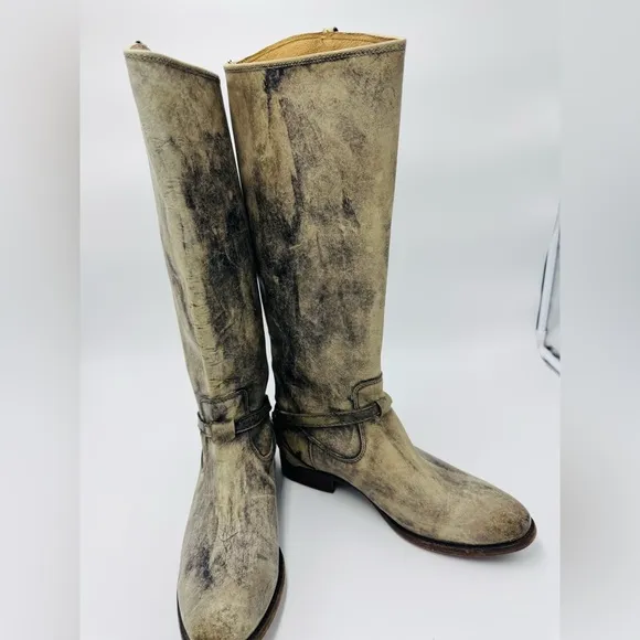 Frye Boots Lindsay Plate Knee High Tall Pull-On Gray Women's Size 8.5 Distressed