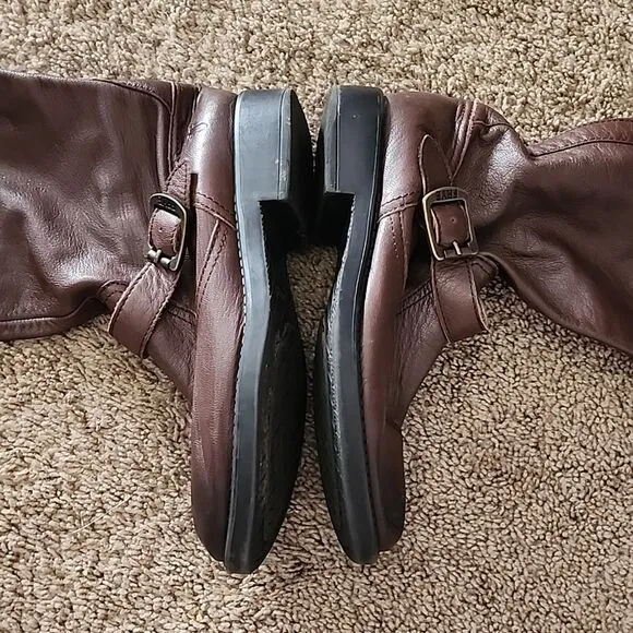 Frye boys 3 pull on leather buckle boots shoes mid calf closed toe heeled brown