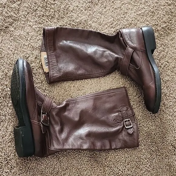 Frye boys 3 pull on leather buckle boots shoes mid calf closed toe heeled brown