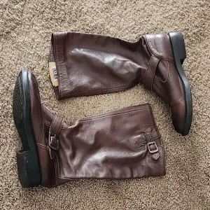 Frye boys 3 pull on leather buckle boots shoes mid calf closed toe heeled brown