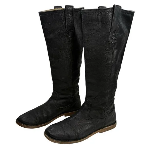 Frye Celia x Stitch Tall Riding Boots Size 8.5 Black Marbled Leather Pull on