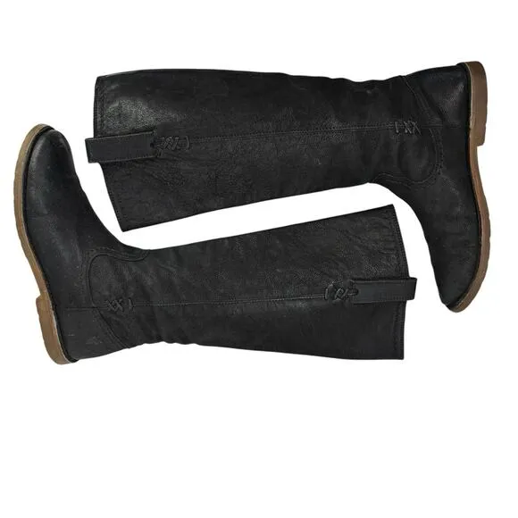 Frye Celia x Stitch Tall Riding Boots Size 8.5 Black Marbled Leather Pull on