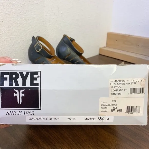 Frye Gwen Ankle Strap Black Leather Wedge Sandals 9.5