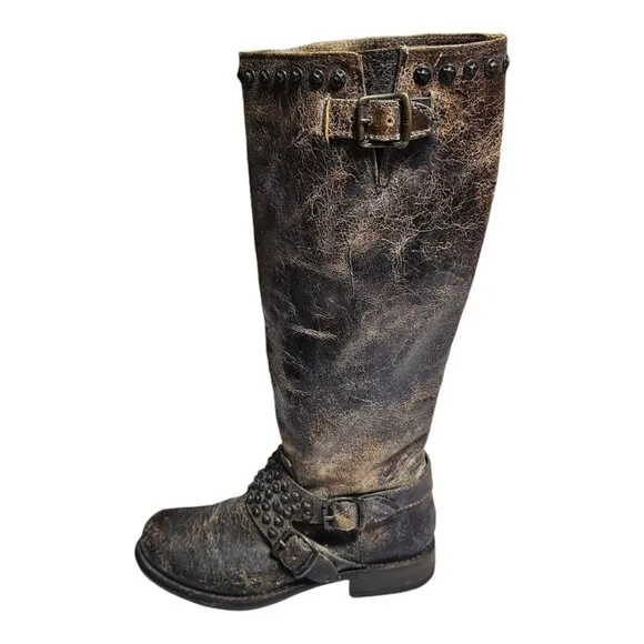 FRYE Jenna 76416 Women Leather Tall Boots 6.5 B Studded Distressed Harness Brown
