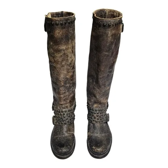 FRYE Jenna 76416 Women Leather Tall Boots 6.5 B Studded Distressed Harness Brown