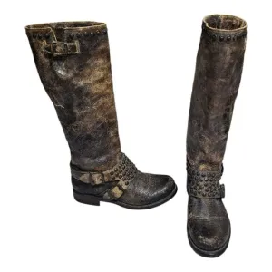 FRYE Jenna 76416 Women Leather Tall Boots 6.5 B Studded Distressed Harness Brown